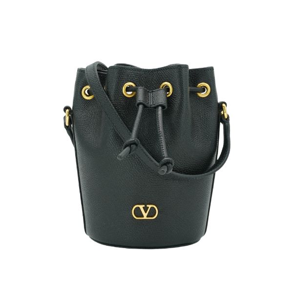 圖片 Valentino Garavani 金logo牛皮斜背水桶二用包(黑)