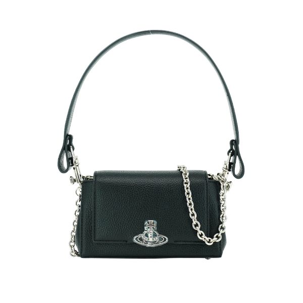 圖片 Vivienne Westwood 星球銀logo荔枝牛皮鏈帶兩用肩背包(黑)