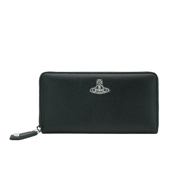 圖片 Vivienne Westwood 星球銀logo荔枝皮面拉鍊長夾(黑)