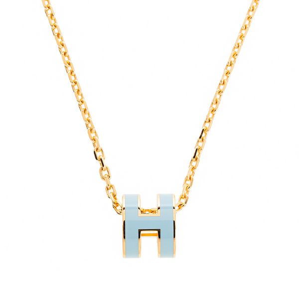 圖片 HERMES 經典Mini Pop H pendant 立體橢圓簍空項鍊(BLEU POLATRE/淺金)