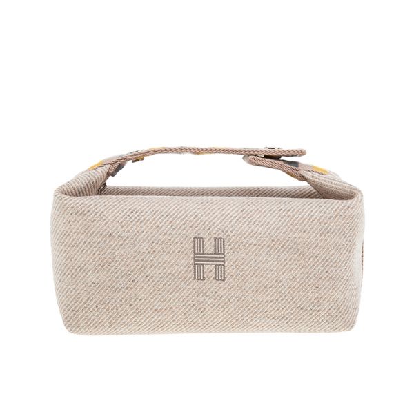 圖片 HERMES 愛馬仕 新款 Bride-a-Brac case帆布格紋提把收納手提包 (米膚色/小號)