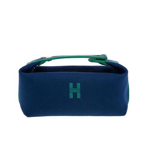 圖片 HERMES 愛馬仕 新款 Bride-a-Brac case帆布雙色提把收納手提包 (藍綠色/小號)