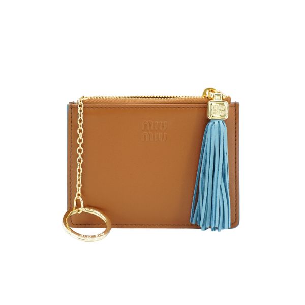 圖片 Miu Miu 小牛皮天藍流蘇拉鍊鑰匙卡包(5MC093-咖)