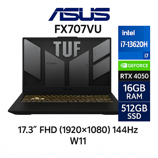 圖片 ⭐️ASUS TUF Gaming F17 FX707VU-0242A13620H 鐵甲灰 華碩13代軍規電競筆電/i7-13620H/RTX4050 6G/16GB DDR5/512GB PCIe/17.3吋 FHD 144Hz/W11/含TUF電競滑鼠⭐️