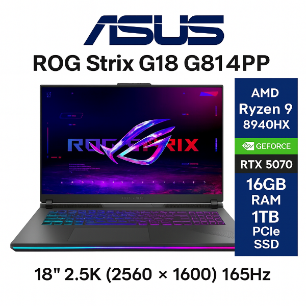 圖片 ASUS ROG 華碩ROG Strix G18 G814PP-0034C8940HX-NBL (R9 8940HX/16GB/1TB/RTX 5070/18 2.5K/W11)🎈送保護套/滑鼠墊/鍵盤膜🎈