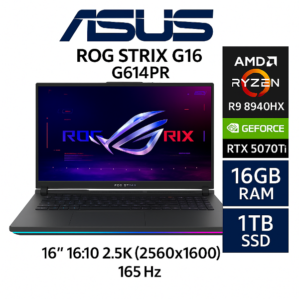 圖片 ⭐️ASUS ROG Strix G16 G614PR-0044C8940HX-NBL 幻潮黑 華碩經典潮流電競筆電/R9-8940HX/RTX5070Ti 12G/16GB DDR5/1TB PCIe/16吋 16:10 2.5K 165Hz/W11/含ROG後背包及電競滑鼠⭐️