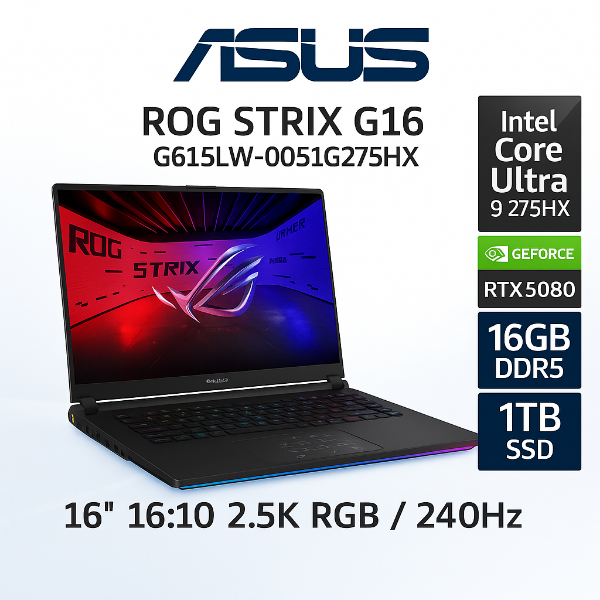 圖片 ⭐️ASUS ROG Strix G16 G615LW-0051G275HX-NBL 電光綠 華碩旗艦滿血版電競筆電/Ultra 9-275HX/RTX5080 16G/16GB DDR5/1TB PCIe/16吋 16:10 2.5K 240Hz/W11⭐️