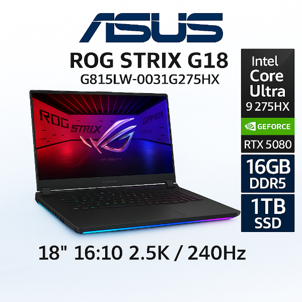 圖片 ASUS ROG Strix G18 G815LW-0031G275HX-NBL 電光綠 華碩旗艦滿血版電競筆電/Ultra 9-275HX/RTX5080 16G/16GB DDR5/1TB PCIe/18吋 16:10 2.5K 240Hz/W11/含ROG後背包及電競滑鼠🎈送保護套/滑鼠墊/鍵盤膜🎈-複製