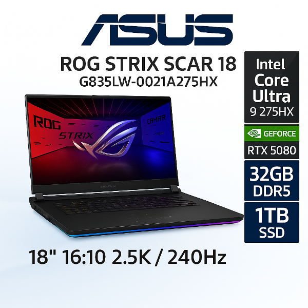 圖片 ⭐️ASUS ROG Strix SCAR 18 G835LW-0021A275HX-NBLM 闇夜黑 華碩槍神旗艦滿血版電競筆電/Ultra 9-275HX/RTX5080 16G/32GB DDR5/1TB PCIe/18吋 16:10 2.5K 240Hz/W11/含ROG後背包及電競滑鼠⭐️