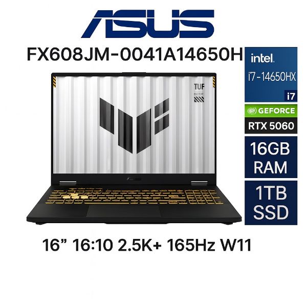 圖片 ⭐️ASUS TUF Gaming F16 FX608JMR-0041A14650HX 御鐵灰 華碩14代軍規電競筆電/i7-14650HX/RTX5060 8G/16GB DDR5/1TB PCIe/16吋 16:10 2.5K 165Hz/W11/含TUF電競滑鼠⭐️