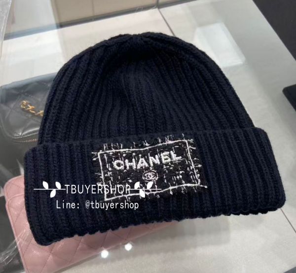 圖片 Chanel 25k 藍黑 珠珠logo冷帽 針織帽 毛帽