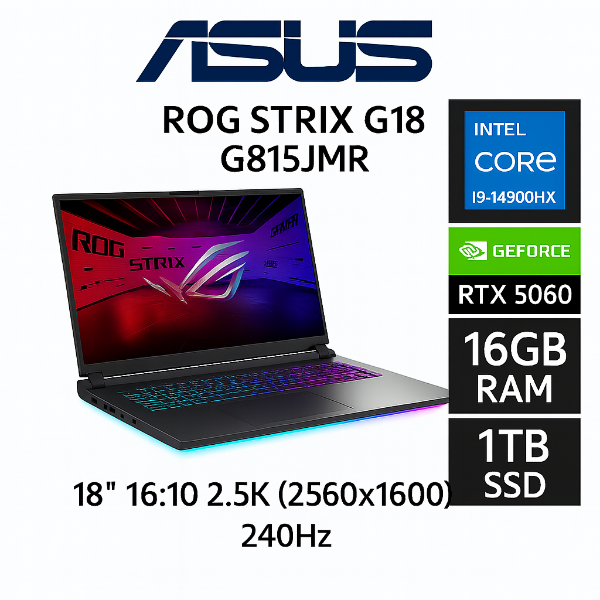 圖片 ASUS ROG Strix G18 G815JMR-0021G14900HX-NBL 電光綠 華碩旗艦滿血版電競筆電/i9-14900HX/RTX5060 8G/16GB DDR5/1TB PCIe/18吋 16:10 2.5K 240Hz/W11/含ROG後背包及電競滑鼠🎈送保護套/滑鼠墊/鍵盤膜🎈