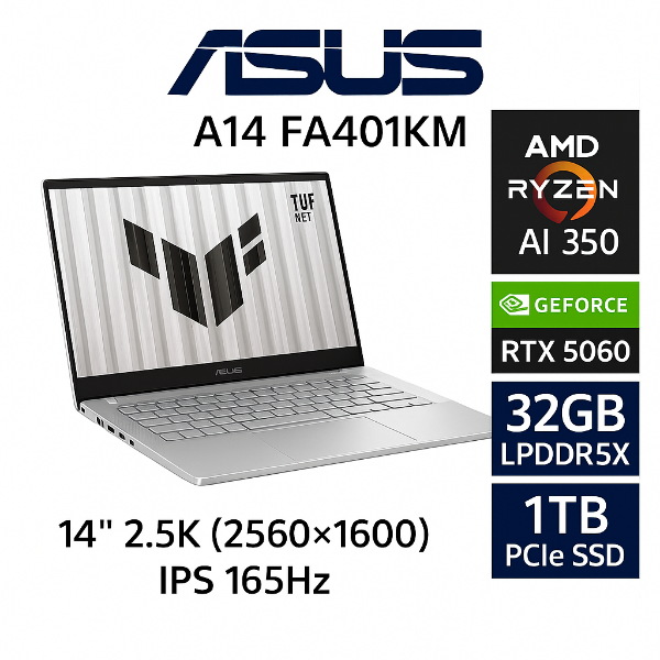 圖片 ⭐️ASUS TUF Gaming A14 FA401KM-0031C350H 月光銀 華碩薄邊框軍規電競AI筆電/Ryzen AI 7 350/RTX5060 8G/32GB LPDDR5X/1TB PCIe/14吋 16:10 2.5K 165Hz/W11/含TUF電競滑鼠⭐️
