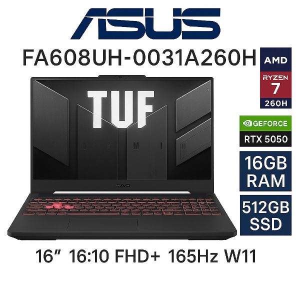 圖片 ASUS TUF Gaming A16 FA608UH-0031A260H 御鐵灰 華碩薄邊框軍規電競筆電/R7-260H/RTX5050 8G/16GB DDR5/512GB PCIe/16吋 16:10 FHD+ 165Hz/W11/含TUF電競滑鼠🎈送保護套/滑鼠墊/鍵盤膜🎈