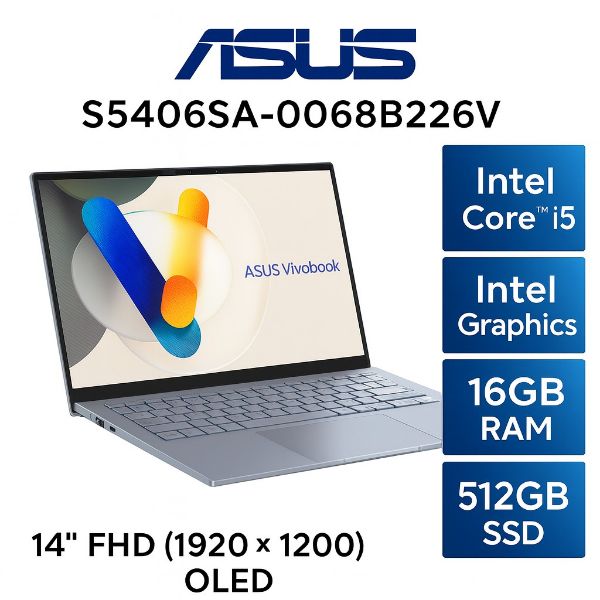 圖片 ⭐️ASUS Vivobook S14 OLED S5406SA-0068B226V 迷霧藍 華碩時尚OLED輕薄高效AI筆電/Ultra 5-226V/16GB LPDDR5X/512GB PCIe/14吋 16:10 FHD+ OLED/W11⭐️