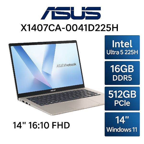 圖片 ⭐️ASUS Vivobook 14 X1407CA-0041D225H 鉑金色 華碩輕薄高效AI筆電/Ultra 5-225H/16GB DDR5/512GB PCIe/14吋 16:10 FHD+/W11⭐️