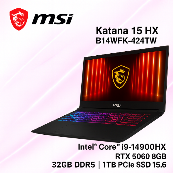 圖片 MSI Katana 15 HX B14WFK-424TW 微星炫彩戰鬥款電競筆電/i9-14900HX/RTX5060 8G/32G DDR5/1TB PCIe/15.6吋 QHD 165Hz/W11/四區RGB背光電競鍵盤🎈送保護套/滑鼠墊/鍵盤膜🎈