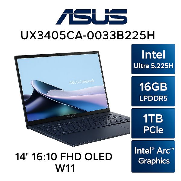 圖片 ⭐️ASUS ZenBook 14 OLED UX3405CA-0033B225H 紳士藍 華碩時尚纖薄AI觸控筆電/Ultra 5-225H/16GB LPDDR5X/1TB PCIe/14吋觸控 16:10 FHD+ OLED/W11/含原廠保護袋⭐️