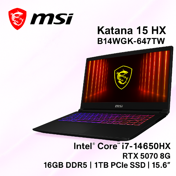 圖片 ⭐️MSI Katana 15 HX B14WGK-647TW 微星炫彩戰鬥款電競筆電/i7-14650HX/RTX5070 8G/16GB DDR5/1TB PCIe/15.6吋 QHD 165Hz/W11/四區RGB背光電競鍵盤⭐️