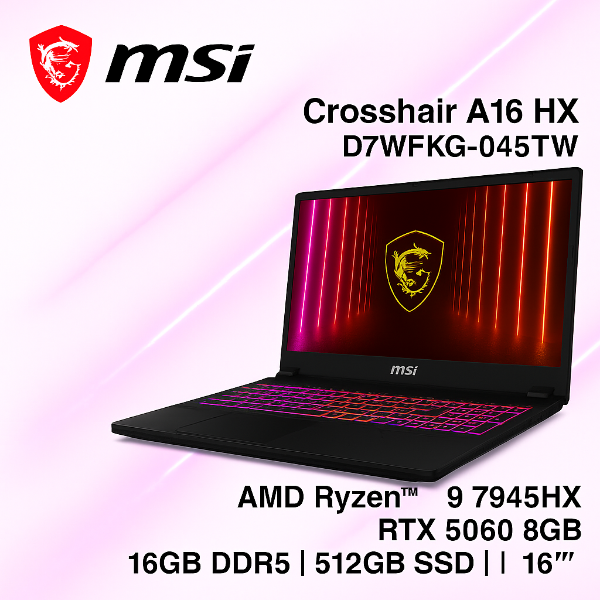 圖片 ⭐️MSI Crosshair A16 HX D7WFKG-045TW 微星超滿血高效電競筆電/R9-7945HX/RTX5060 8G/16GB DDR5/512GB PCIe/16吋 16:10 QHD+ 240Hz/W11/RGB背光電競鍵盤⭐️