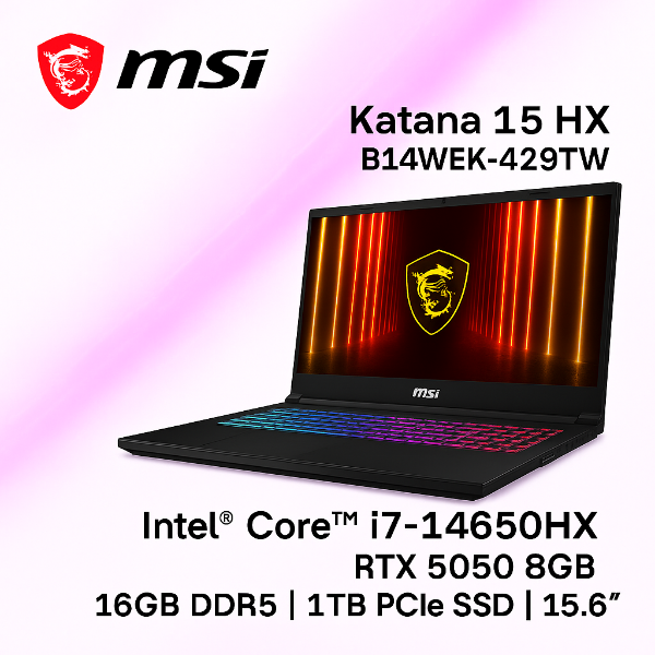 圖片 MSI 微星Katana 15 HX 15.6吋 AI電競筆電黑色(i7-14650HX/16GB/1TB/RTX5050-8G/WIN11/B14WEK-429TW)🎈送保護套/滑鼠墊/鍵盤膜🎈