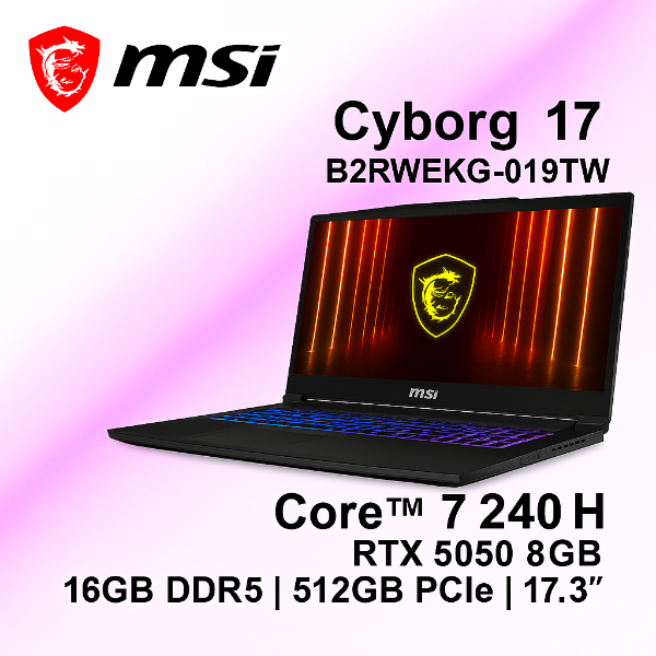 圖片 ⭐️MSI Cyborg 17 B2RWEKG-019TW 微星輕薄戰鬥電競筆電/Core 7-240H/RTX5050 8G/16GB DDR5/512GB PCIe/17.3吋 FHD 144Hz/W11/四區RGB鍵盤背光⭐️
