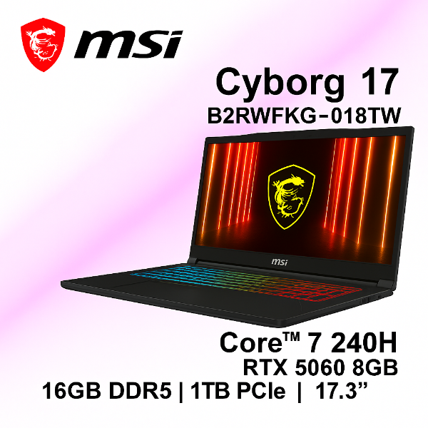圖片 ⭐️MSI Cyborg 17 B2RWFKG-018TW 微星輕薄戰鬥電競筆電/Core 7-240H/RTX5060 8G/16GB DDR5/1TB PCIe/17.3吋 FHD 144Hz/W11/四區RGB鍵盤背光⭐️