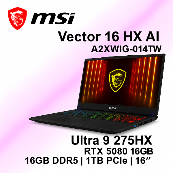 圖片 MSI Vector 16 HX AI A2XWIG-014TW 微星滿血版AI電競筆電/Ultra 9-275HX/RTX5080 16G/16GB DDR5/1TB PCIe/16吋 16:10 QHD+ 240Hz/W11/SS單鍵RGB背光電競鍵盤+Copilot Key🎈送保護套/滑鼠墊/鍵盤膜🎈