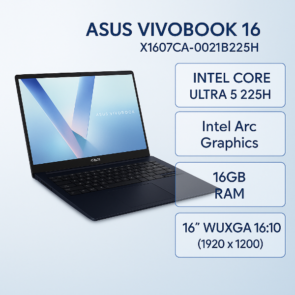 圖片 ⭐️ASUS Vivobook 16 X1607CA-0021B225H 午夜藍 華碩大視界輕薄高效AI筆電/Ultra 5-225H/16GB DDR5/512GB PCIe/16吋 16:10 FHD+/W11/含原廠包包及滑鼠⭐️