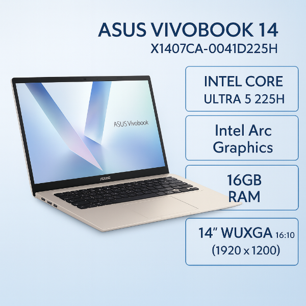 圖片 ASUS Vivobook 14 X1407CA-0041D225H 鉑金色 華碩輕薄高效AI筆電/Ultra 5-225H/16GB DDR5/512GB PCIe/14吋 16:10 FHD+/W11🎈送保護套/滑鼠墊/鍵盤膜🎈