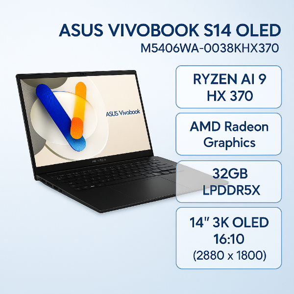 圖片 ⭐️ASUS Vivobook S14 OLED M5406WA-0038KHX370 極致黑 華碩時尚OLED輕薄高效AI筆電/Ryzen AI 9 HX 370/32GB LPDDR5X/1TB PCIe/14吋 16:10 3K OLED/W11/含原廠保護袋及滑鼠⭐️