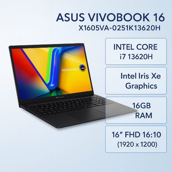 圖片 ASUS Vivobook 16 X1605VA-0251K13620H 搖滾黑 華碩大視界輕薄高效筆電/i7-13620H/16GB/512G PCIe/16吋 16:10 FHD+/W11🎈送保護套/滑鼠墊/鍵盤膜🎈