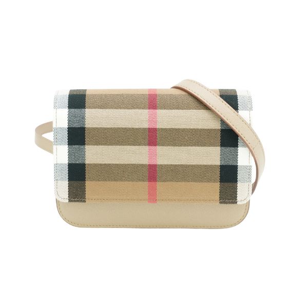 圖片 Burberry Madison 格紋帆布拚牛皮翻蓋斜背包(8084494-卡其)