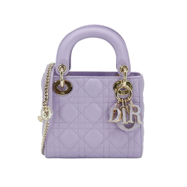 圖片 Dior Lady Dior Mini 籐格紋羊皮金釦迷你二用包(紫)