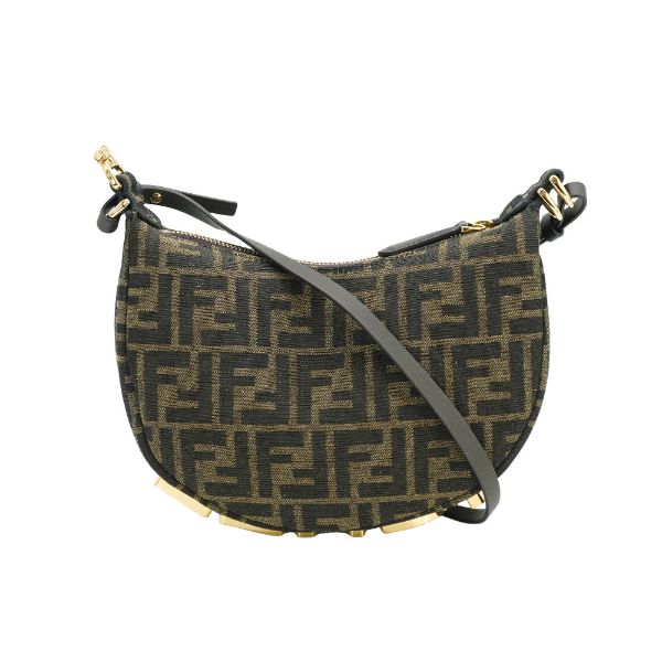 圖片 Fendi 展示品 Mini Graphy 復古金logo緹花布彎月二用包(8BS081-咖)