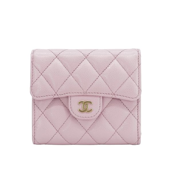 圖片 Chanel 粒紋牛皮淡金雙C釦式三折短夾(AP0231-粉)