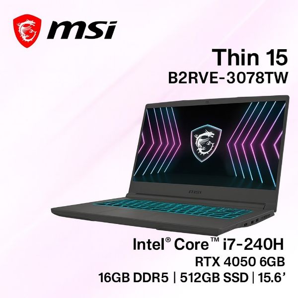 圖片 ⭐️MSI 微星Thin 15 15.6吋 電競筆電黑色(Core 7 240H/16G/512G/RTX4050-6G/W11/B2RVE-3078TW)⭐️