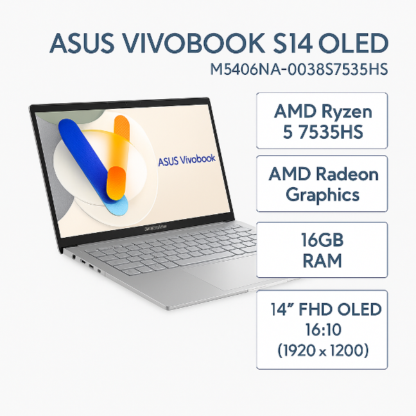 圖片 ⭐️ASUS Vivobook S14 OLED M5406NA-0038S7535HS 酷玩銀 華碩時尚OLED輕薄高效AI筆電/R5-7535HS/16GB LPDDR5X/512GB PCIe/14吋 16:10 FHD+ OLED/W11/含原廠包包及滑鼠 ⭐️