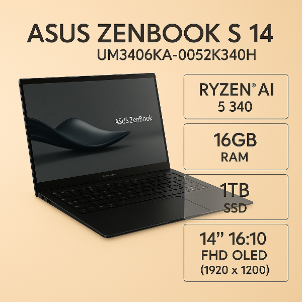 圖片 ⭐️ASUS Zenbook S 14 UM3406KA-0052K340H 玉石黑 華碩AI時尚極致OLED筆電/Ryzen AI 5 340/16GB LPDDR5X/1TB PCIe/14吋 16:10 FHD+ OLED/W11⭐️