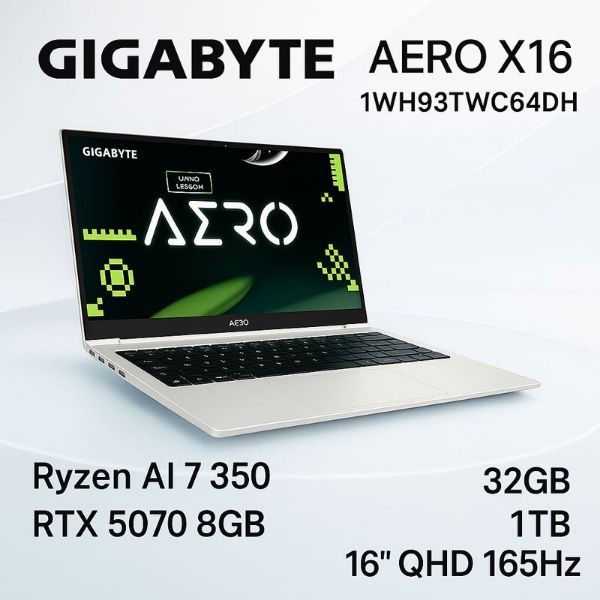 圖片 GIGABYTE 技嘉AERO X16 1WH93TWC64DH AI輕薄電競-白(AMD Ryzen AI 7 350/RTX5070/165Hz/32G/1TB SSD/Win11/QHD/16)🎈送保護套/滑鼠墊/鍵盤膜🎈