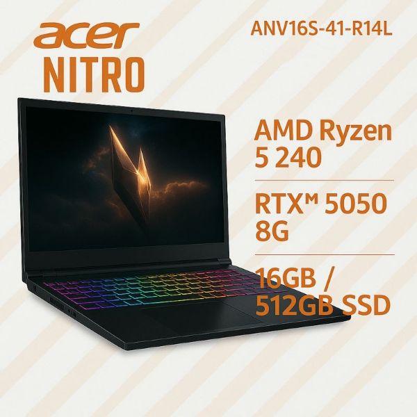 圖片 ACER 宏碁Nitro V 16吋 電競筆電黑(R5-240/16GB/512GB/RTX5050-8G/W11/ANV16S-41-R14L)🎈送保護套/滑鼠墊/鍵盤膜🎈