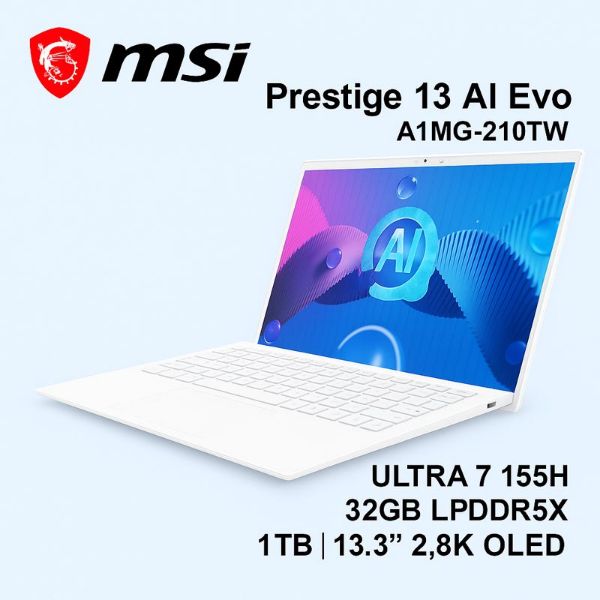 圖片 ⭐️MSI Prestige 13 AI Evo A1MG-210TW 純淨白 微星極輕美型智能AI筆電/Ultra 7-155H/Iris Arc/32GB LPDDR5/1TB PCIe/13.3吋 16:10 2.8K OLED/W11 Pro/0.99Kg/白色背光鍵盤⭐️ 