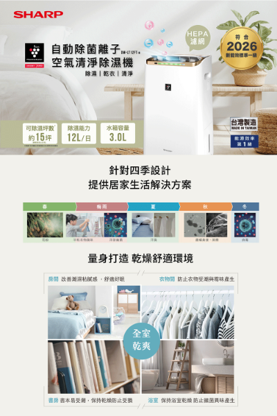 圖片 SHARP 夏普12公升 自動除菌離子2合1空氣清淨除濕機 DW-LT12FT-W