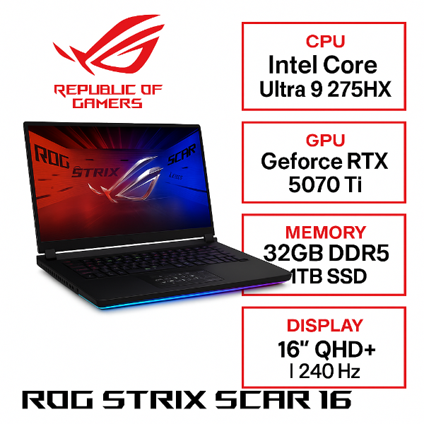 圖片 ⭐️ASUS ROG 華碩Strix SCAR 16 16吋電競筆電黑色(Ultra 9 275HX/32G/1TB/RTX 5070 Ti-12G/W11/G635LR-0031A275HX-NBLM)⭐️