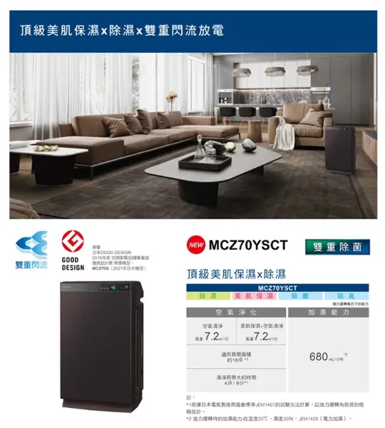 圖片 DAIKIN 大金旗艦美肌保濕空氣清淨除濕機(MCZ70YSCT)