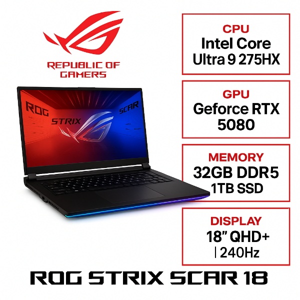 圖片 ⭐️ASUS ROG Strix SCAR 18 G835LW-0021A275HX-NBLM 闇夜黑 華碩槍神旗艦滿血版電競筆電/Ultra 9-275HX/RTX5080 16G/32GB DDR5/1TB PCIe/18吋 16:10 2.5K 240Hz/W11/含ROG後背包及電競滑鼠⭐️