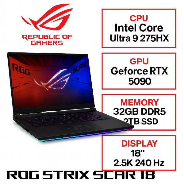 圖片 ⭐️ASUS ROG Strix SCAR 18 G835LX-0021A275HX-NBLM 闇夜黑 華碩槍神旗艦滿血版電競筆電/Ultra 9-275HX/RTX5090 24G/64GB DDR5/2TB PCIe/18吋 16:10 2.5K 240Hz/W11/含ROG後背包及電競滑鼠⭐️