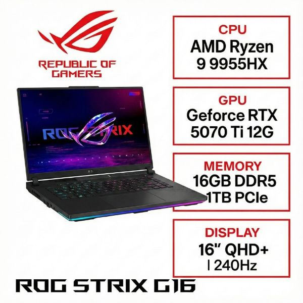 圖片 ⭐️ASUS ROG 華碩Strix G16 16吋電競筆電黑(R9-9955HX/16GB/1TB/GeForce RTX 5070 Ti-12G/G614FR-0054G9955HX-NBL)⭐️