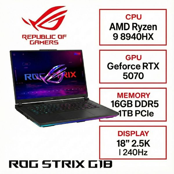 圖片 ⭐️ASUS ROG Strix G18 G814PP-0034C8940HX-NBL 幻潮黑 華碩旗艦滿血版電競筆電/R9-8940HX/RTX5070 8G/16GB DDR5/1TB PCIe/18吋 16:10 2.5K 240Hz/W11/含ROG後背包及電競滑鼠⭐️
