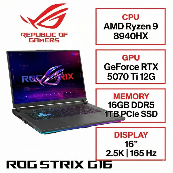 圖片 ⭐️ASUS ROG Strix G16 G614PR-0044C8940HX-NBL 幻潮黑 華碩經典潮流電競筆電/R9-8940HX/RTX5070Ti 12G/16GB DDR5/1TB PCIe/16吋 16:10 2.5K 165Hz/W11/含ROG後背包及電競滑鼠⭐️